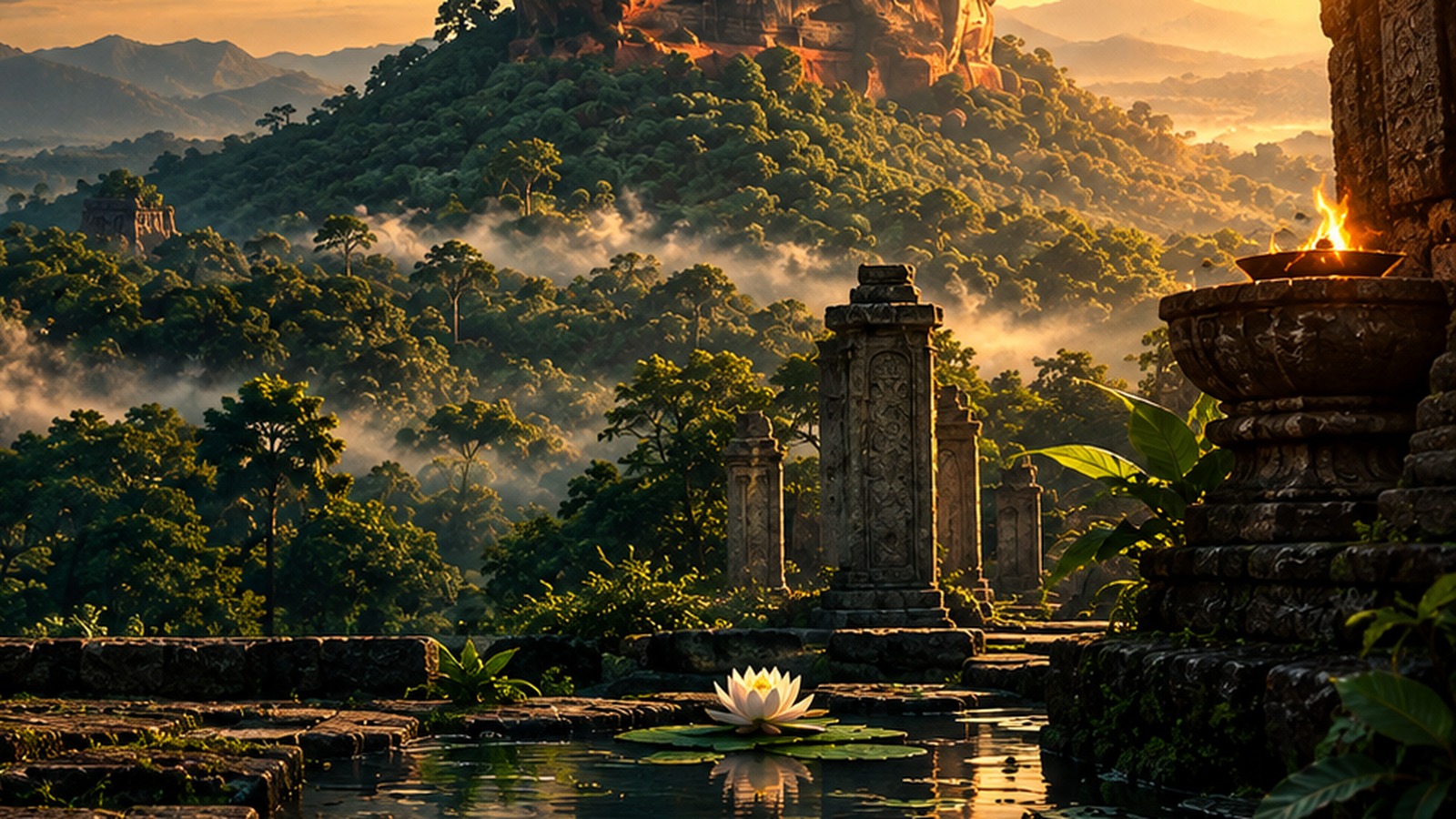 Ancient ruins and water at sunset